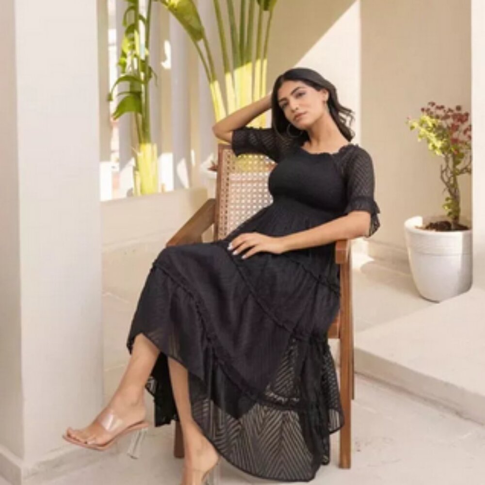 Polago Clothing Black Dobby Maxi Dress Smocked Ruffle Tiered S